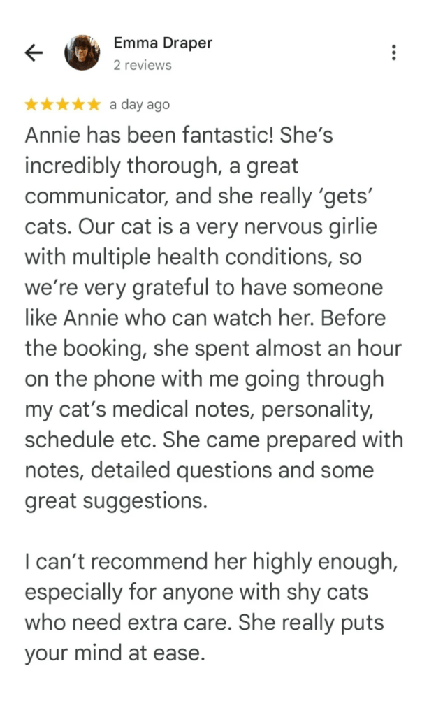 Annie has been fantastic! She's incredibly thorough, a great communicator, and she really 'gets' cats. Our cat is a very nervous girlie with multiple health conditions, so we're very grateful to have someone like Annie who can watch her. Before the booking, she spent almost an hour on the phone with me going through my cat's medical notes, personality, schedule, etc. She came prepared with notes, detailed questions and some great suggestions. I can't recommend her highly enough, especially for anyone with shy cats who need extra care. She really puts your mind at ease.